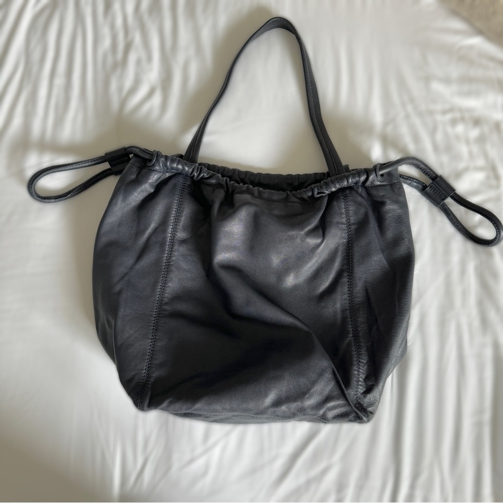 & Other Stories Leather Oversized Drawstring Tote, Navy. - Picture 12 of 12